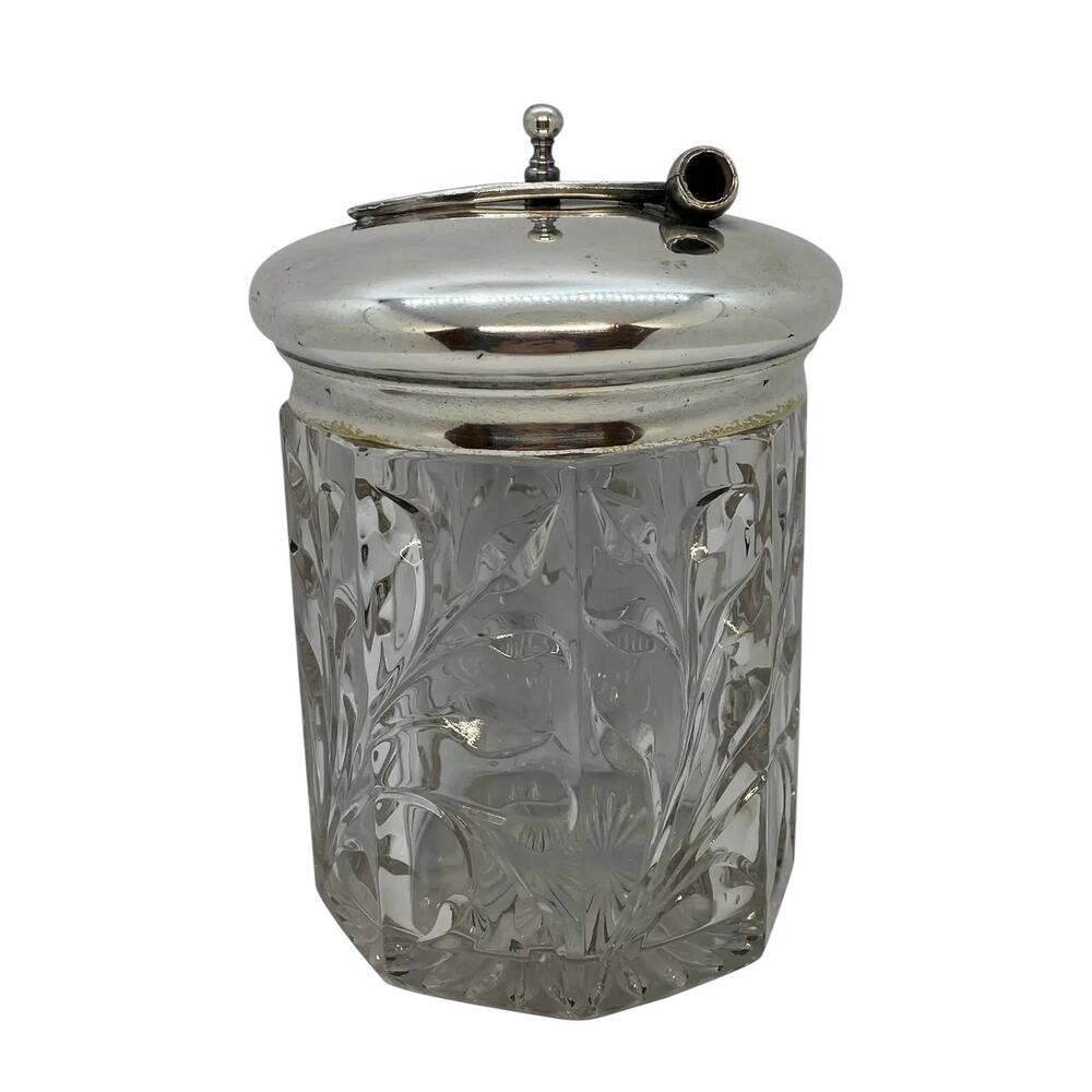 1920’s Arts & Crafts Glass Pipe Tobacco Humidor With Pipe Design Lid